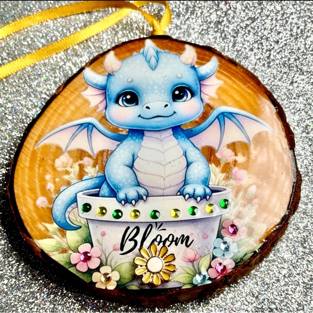 Hand Crafted Blue Dragon Ornament with Yellow Ribbon - Picture 2 of 11